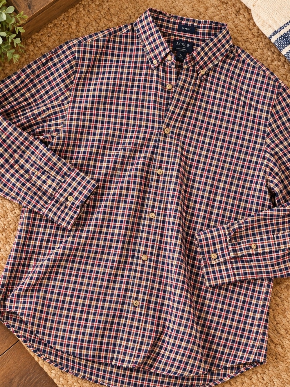 J. Crew Factory Brushed Twill Men’s Navy & Red Plaid Button-Down Shirt Sz L Nwt